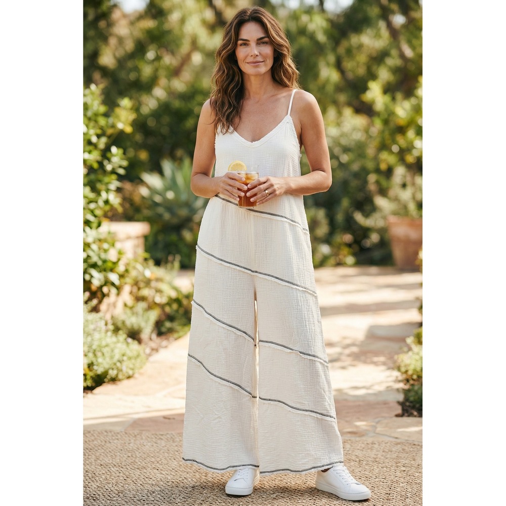 Bella Dahl Cream Gauze Wide Leg Jumpsuit Raw Edge Tiered BV6854WSA Womens Small